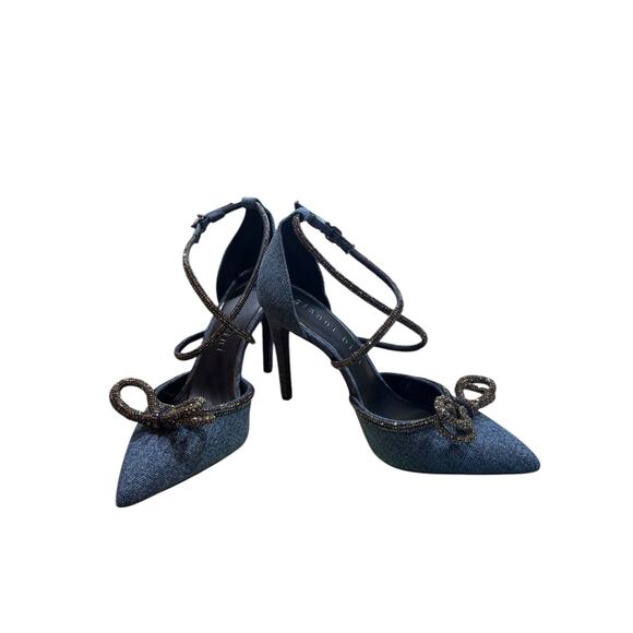 Gianni Bini EzlynnThree Denim Rhinestone Bow Heels 4” Pumps Y2K Coquette sz 8 - Picture 2 of 7